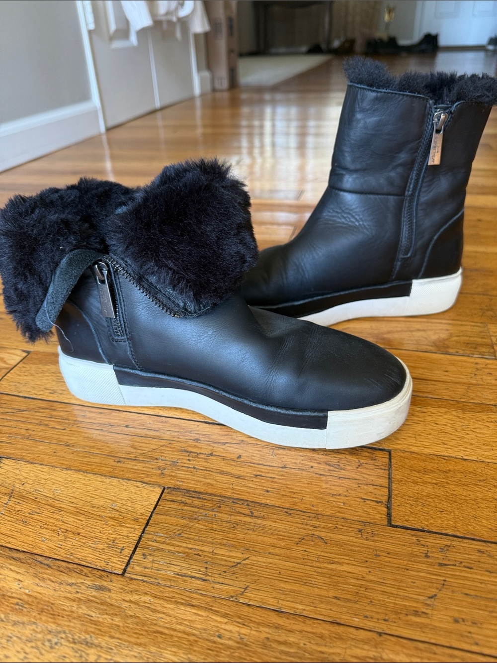 J Slides Victory Black Faux-Fur Lined Ankle Booties with White Platform